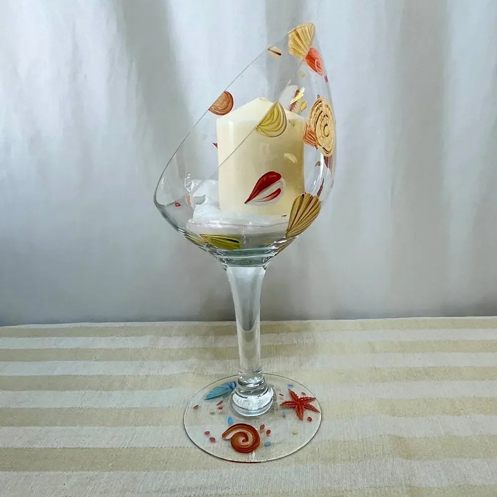Painted Sea Shell Clear Glass Candleholder Votive Candle Rests on Sand Beach New